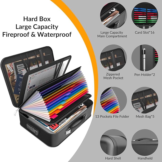 Hard Case Fireproof Document Box, Important File Organizer with Lock Waterproof Zipper, Portable Home Office Travel Storage Accordion Folder for Letter A4 Laptop Files