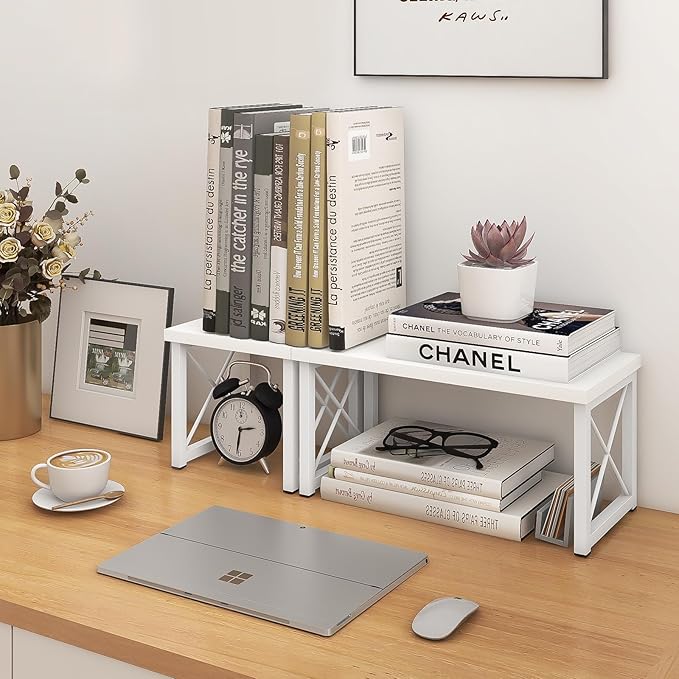 ELITEROO Wood Desktop Shelf, Freestanding Small Bookshelf Dorm Supplies Organizers, 2 Tier Independent Stackable Desk Stand, Adjustable Storage Organizer, Kitchen Counter Display Rack, White