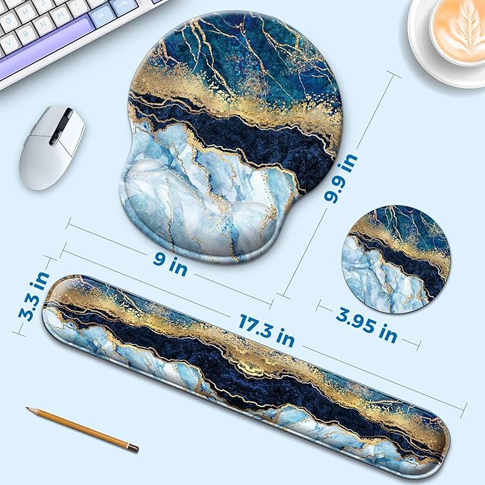 Mouse Pad with Non-Slip PU Base,Gel Mouse Pad with Coaster,Pain Relief for Gaming, Computer,Office -White Blue Marble