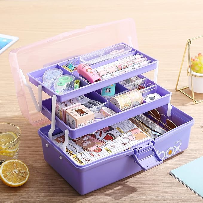 2PCS 12'' Three-Layer Clear Plastic Storage Box/Tool Box, Multipurpose Organizer and Portable Handled Storage Case for Art Craft and Cosmetic (Purple)