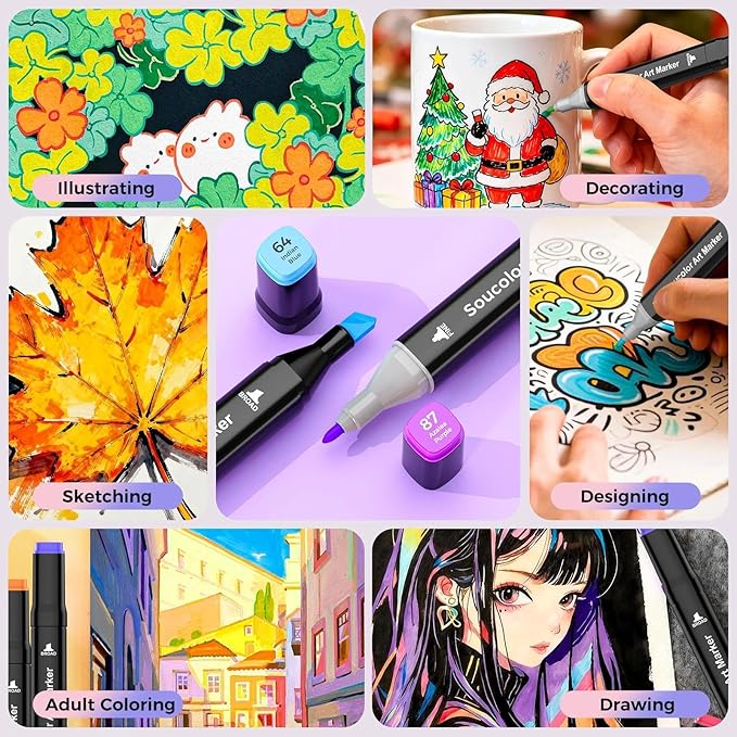 Soucolor Alcohol Markers 168 Colors with Case & Holders, Dual Tips Chisel & Fine Art Markers for Adult Coloring Kids Drawing, Artist Markers Art Supplies for Blending Sketching