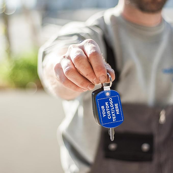 DISCOUNT PROMOS Tag Soft Plastic Keychains - 10 pack - Customizable Text, Logo - Small Key Tag Chain For Staying Organized - Rubber Key Ring Keychain – Blue