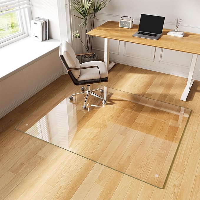 FlyEcho Glass Chair Mat 50" x 65" Heavy Duty Tempered Glass Office Chair Mat, Glass Floor Mat with Round Corner and Polished Edge for Smooth Glide, Carpet Hardwood Floor Protector