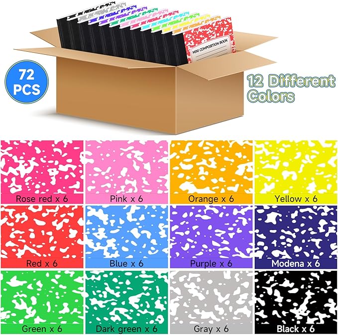 UZLU 72 Pack Mini Composition Notebooks Bulk College Ruled Half Composition Notebook Narrow Ruled Small Pocket Marble Journal 12 Color 4.5" x 3.25"-60 Sheets for Students Office School Supplies