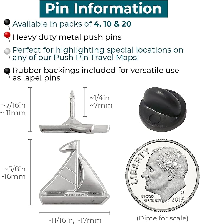 Sailboat Push Pins - Silver Sailing Pins - for Cork Board, Maps, or Lapel Pin Use - Designed in USA - Set of 10