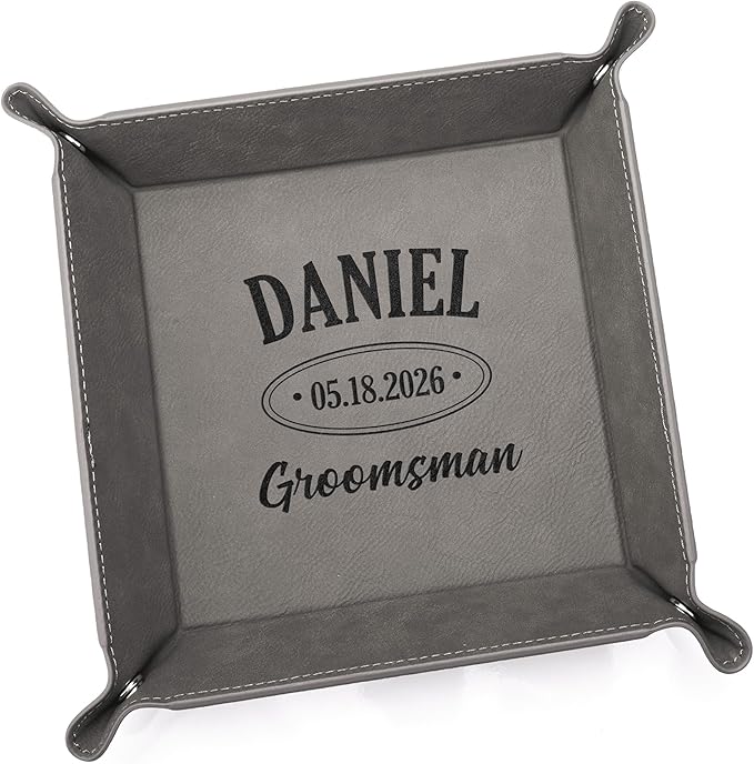 Lifetime Creations Personalized Groomsman Valet Tray - Custom Groomsmen Gifts for Proposal, Engraved Vegan Leather Catchall Wedding Gift for Desk, Dresser (Gray)