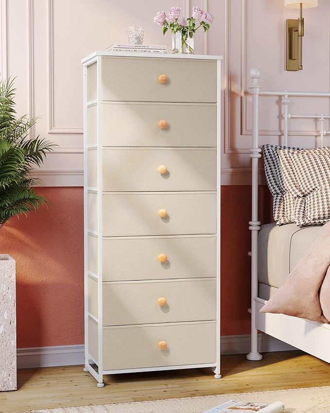 Crestlive Products Tall Dresser, 7-Drawer Fabric Storage Tower, Chests of Drawers - Vertical Organizer Unit for Bedroom, Hallway, Entryway, Nursery, Closets - Steel Frame, Wood Top & Handles (Beige)