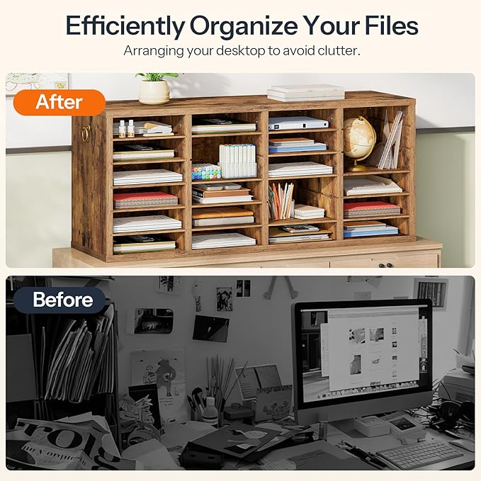 HOOBRO Literature Organizers, 24 Compartments Office Mailbox with Adjustable Shelves, Wood Countertop Literature Sorter for Office, Home, Classroom, Mailrooms Organization Rustic Brown FG64WF01