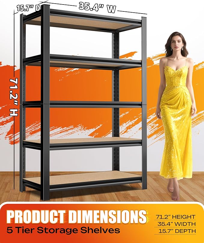 Set of 5 Garage Shelving 5-Tier Heavy Duty Storage Shelves, Adjustable Metal Shelving Unit, Utility Garage Organizer Shelf for Basement, Pantry, Kitchen, Warehouse,15.7" D x 35.4" W x 71.2" H