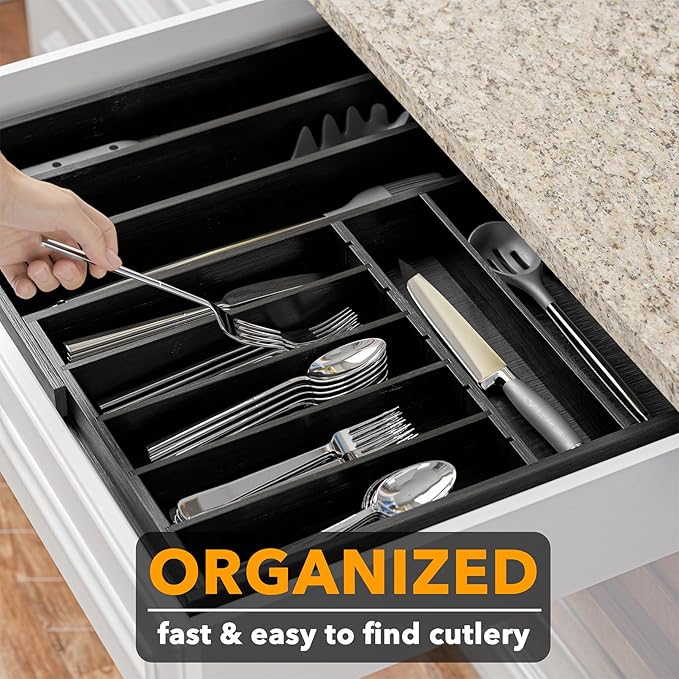 SpaceAid 2.5" High Bamboo Silverware Drawer Organizer with Labels, Kitchen Utensil Expandable Tray Holder for Flatware, Cutlery, Spoon and Knives Drawer Storage Organization (Black)