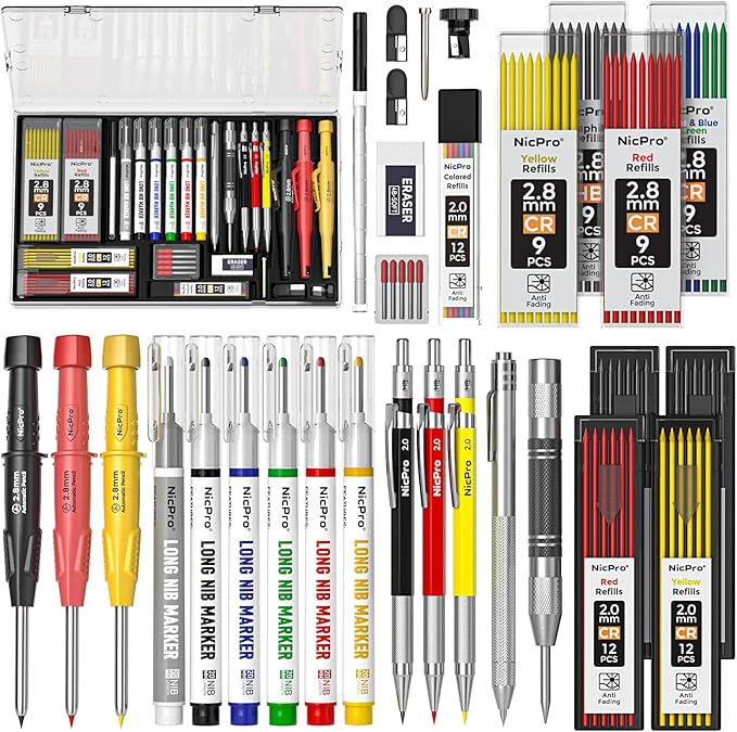 Nicpro 36PCS CP3000 Mechanical Carpenter Pencil Set with Sharpener & Sheath, Lead Refills, Long Nib Marker, Center Punch, Carbide Scribe Tools, Heavy Duty Construction Pencil for Architect Woodworking