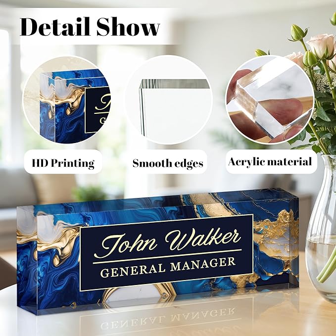 Personalized Name Plate for Desk, Custom Acrylic Desk Name Sign, Office Appreciation Gifts for Women Men Coworkers Boss Teacher Employee (Blue Coast)