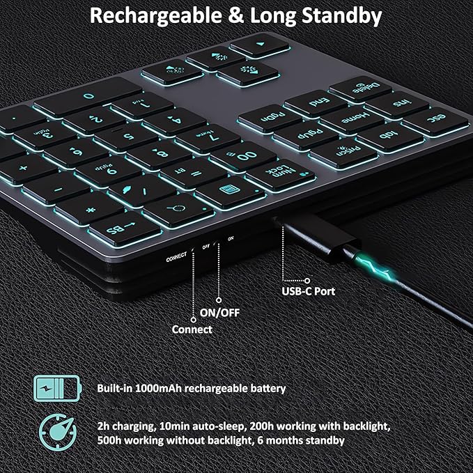 Tri-Mode Aluminum Numpad 7-Color LED Backlit, BT5.0/USB/2.4G Wireless Rechargeable Number Pad 35-Key Scissor Switches Light Up Keycaps for PC/Laptop/Win/Mac, Grey Black