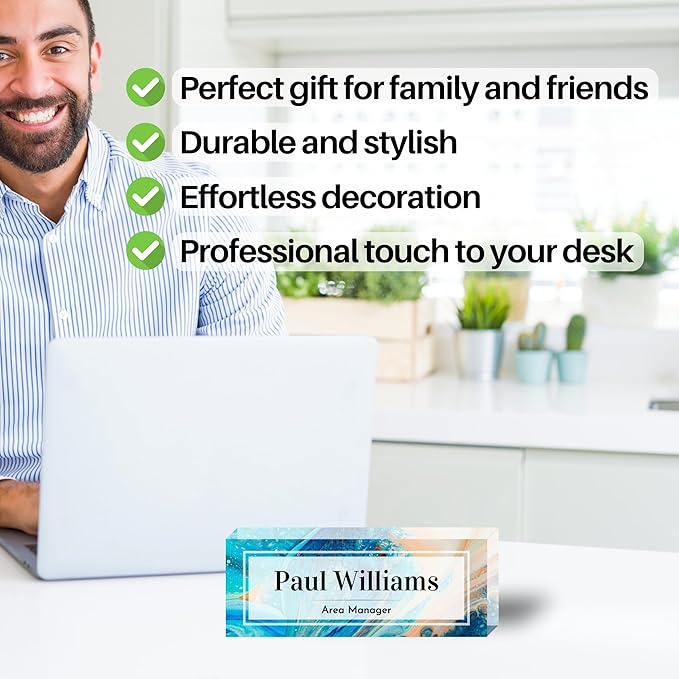 Customized Clear Acrylic Thick 8x3" Acrylic Black - Desk Name Plate Block with Personalized Logo - Professional Office Decor - Customized Acrylic Plate Gift for Teacher Co-workers (Blue-Beige Paint)