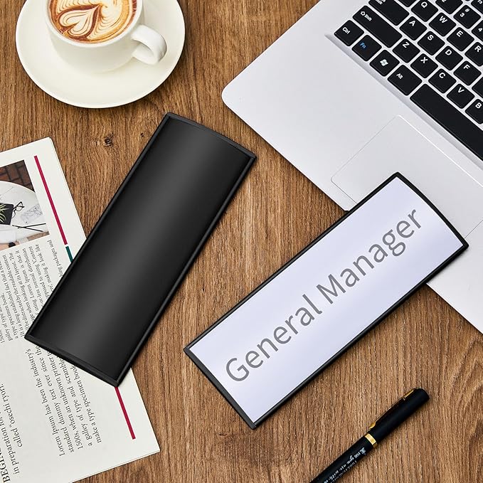 Therwen 12 Pcs Aluminum Office Name Plate Holder for Door Wall Mount 8'' x 3'' Business Sign Holder Office Door Sign Sturdy Curved with Plastic Film and Adhesive Tape (Black)