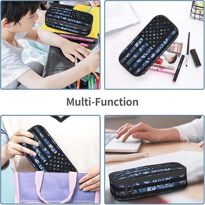 American Flag Style Pencil Case for Kids Adults, Camo Pencil Box for Boys Girls, Blue Pencil Pouch Big Capacity Portable Stationery Storage Desk Pen Bag for School Office