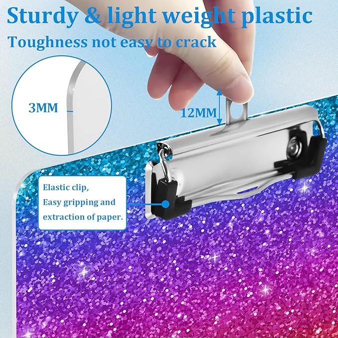 Rainbow Glitter Clipboard Decorative Clip Board with Metal Clip A4 Standard Size 12.5" X 8.7" for Teacher Students Nurses Office