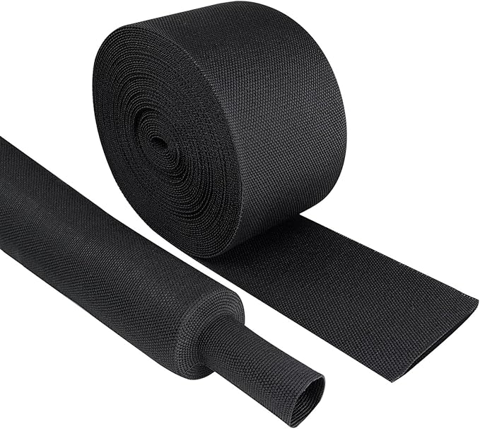 Black 2:1 Ratio Automotive Heat Shrink Braided Sleeving,Wear-Resistant Flat Woven Shrinkable Sleeve Fabric Car Cable Wires Hoses Protection (2"-66ft)