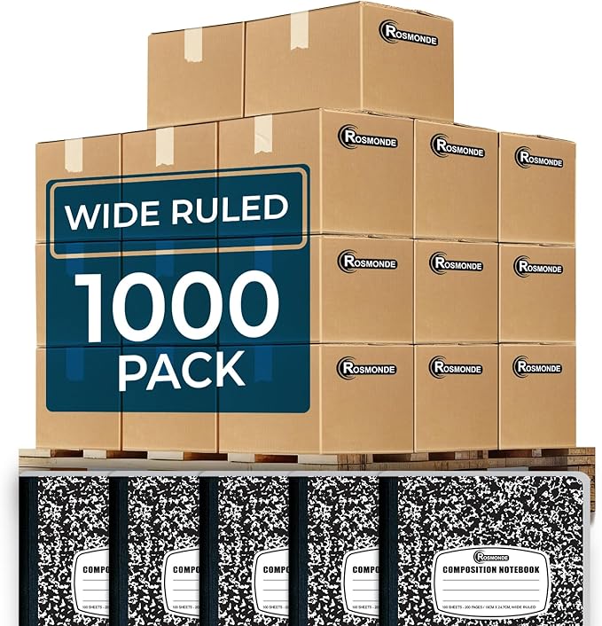 Rosmonde 1000 Pack (Pallet) Composition Notebooks Bulk, Wide Ruled, Pallet of Notebooks, 100 Sheets (200 Pages), 9-3/4 x 7-1/2, Bulk Notebooks for School, Bulk Office Notebooks, 4-7 Days Transit