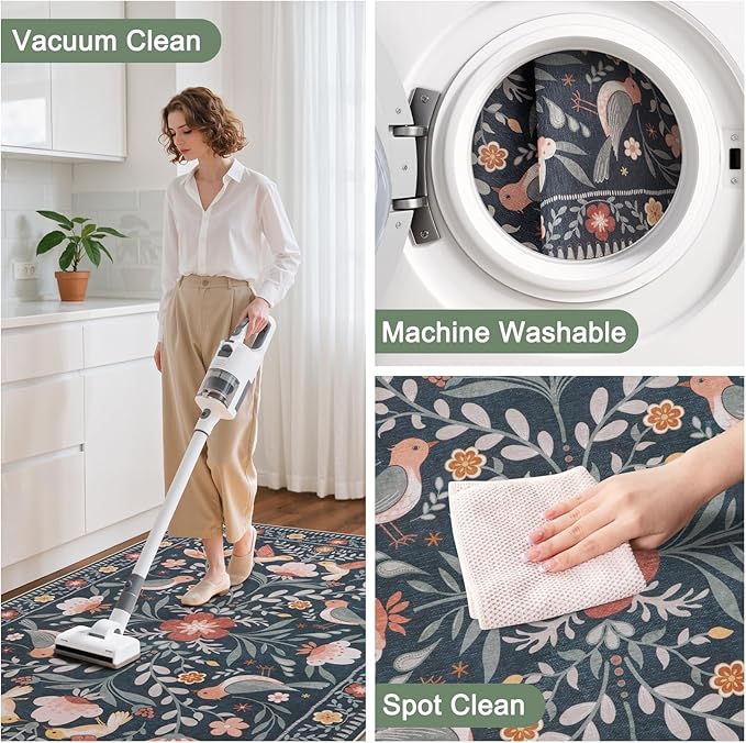Anidaroel 48"x60" Office Chair Mat for Hardwood Floor/Tile, Black Floor Mat for Office Chairs, Anti-Slip Floral Under Desk Rug for Rolling Chairs, Bird Bug Low Pile Desk Chair Mats for Hardwood