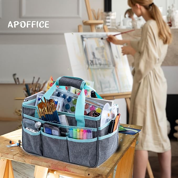 Art Supply Organizer Tote Bag – Craft Caddy with Handle, Utility Storage Tote with Multiple Pockets & Adjustable Divider for Sewing, Scrapbooking, School, Office, Medical Supplies