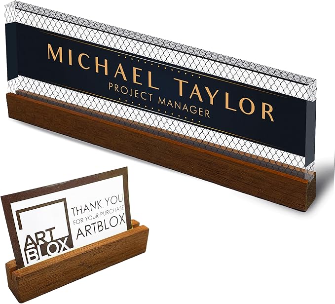 Artblox Personalized Office Desk Name Plate With Business Card Holder | Clear Acrylic Glass with Teak Wood Stand | Net Shape Design Customized with Your Name and Credentials Office Desk Décor