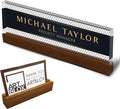 Artblox Personalized Office Desk Name Plate With Business Card Holder | Clear Acrylic Glass with Teak Wood Stand | Net Shape Design Customized with Your Name and Credentials Office Desk Décor