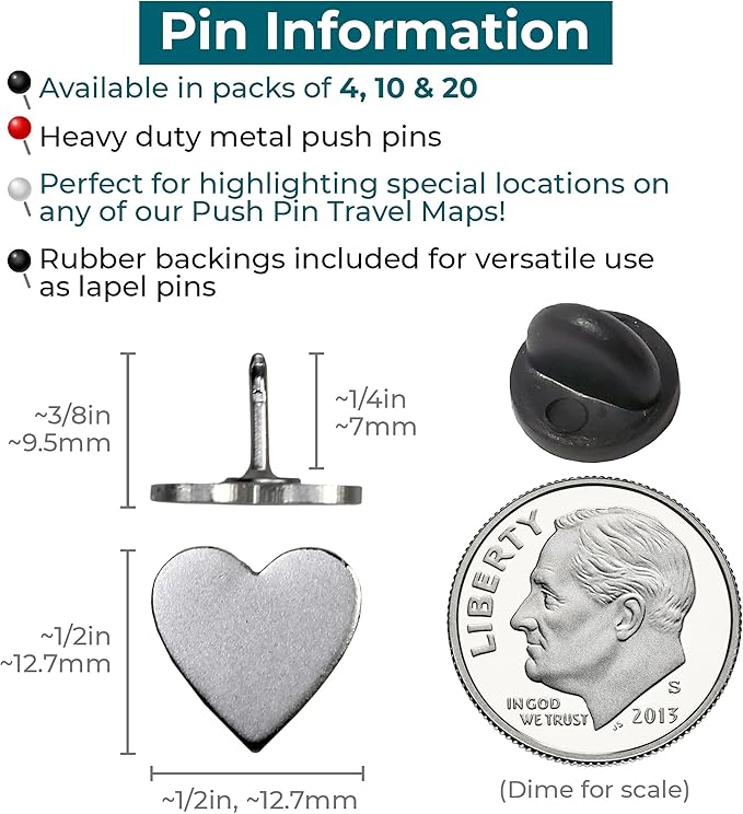 Big Silver Heart Push Pins - Large Silver Metal Heart Map Pins - for Cork Board, Maps, or Lapel Pin Use - Designed in USA - Set of 4