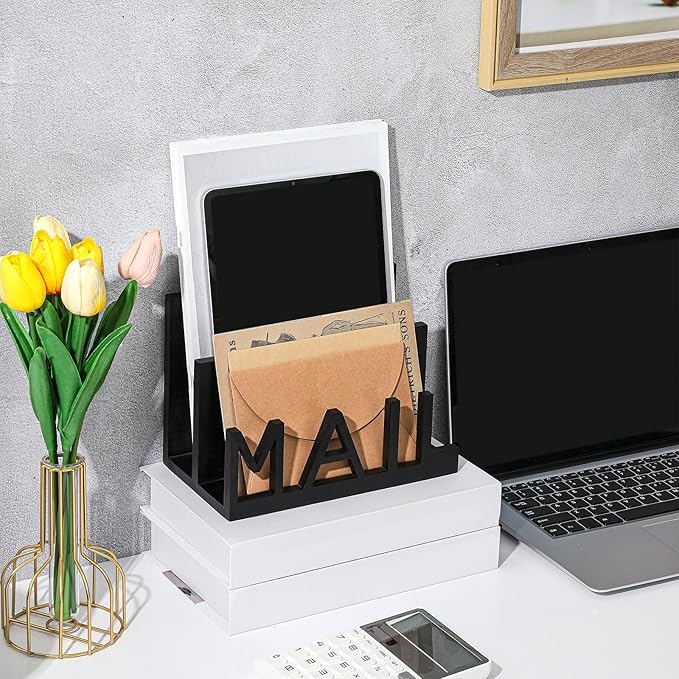2 Slot Mail Organizer Holder Countertop Wooden Mail Black Letter Holder with Cutout Lettering Design for Office Desktop Envelope and Document Storage Rack