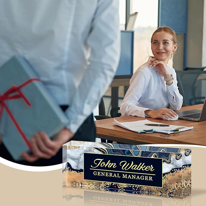 Personalized Name Plate for Desk, Custom Acrylic Desk Name Sign, Office Appreciation Gifts for Women Men Coworkers Boss Teacher Employee (Navy Coast)