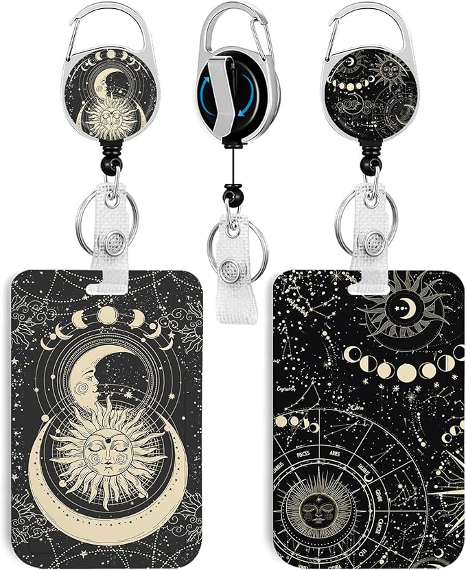 2 Pack Sun and Moon ID Badge Holder with Heavy Duty Retractable Reel Keychain for WomenStudents,Teachers, Nurses, Office Use