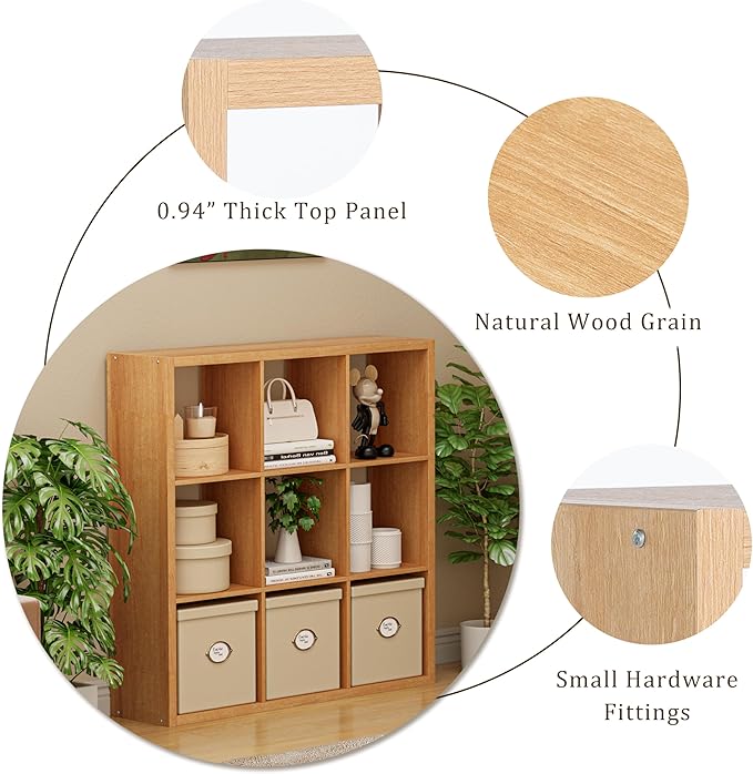 Cube Storage Organizer Bookcase, Decorative 11 inch Open Back Cubical Shelf with Thickened Border, Display Bookshelf for Living Room, Home Office, Sturdy Room (Natural Oak, 9 Cube)