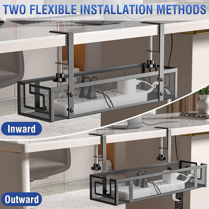 Under Desk Cable Management Tray - GZOKMOG No Drill Cord Organizer with Clamp, Reinforced Metal Mesh Workspace Organizers for Wire, Office Desk Accessories, 1 Pack Black, 15.75 inch
