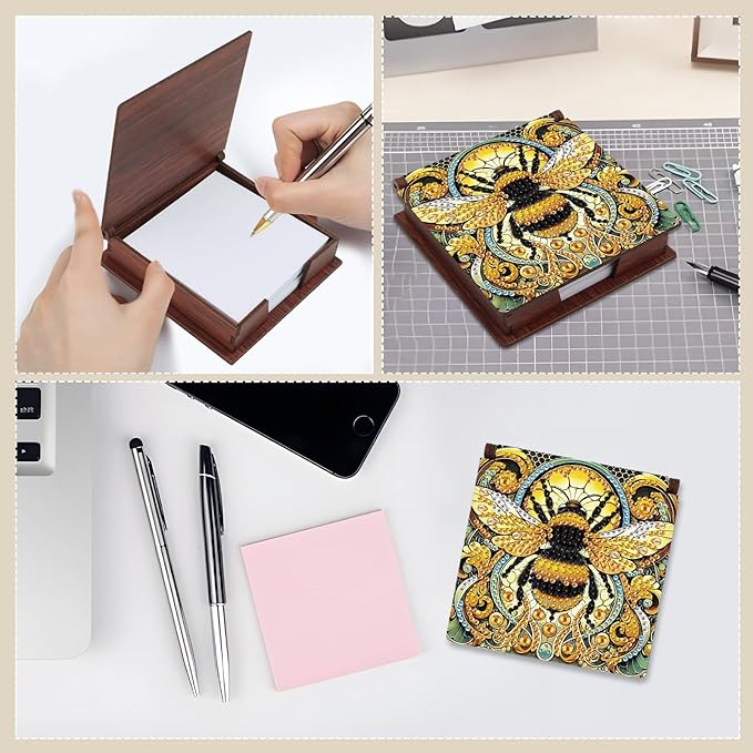 Bee Diamond Painting Kit Note Box,Memo Paper Storage Box Diamond Art,Sticky Note Holder Diamond Art,Diamond Painting Memo Pad For Office Desk. (Bee)