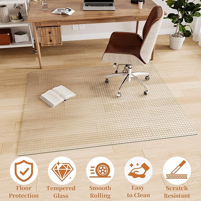 Koonmi Wave Glass Chair Mat 36"x46", Tempered Glass Office Chair Mat, Embossed Wave Pattern Chair Mats with Rounded and Polished Edges for Hardwood Floor, Carpet, Support 1200lbs