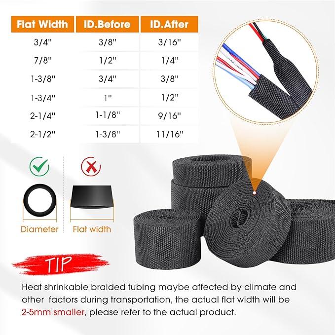 Black 2:1 Ratio Automotive Heat Shrink Braided Sleeving,Wear-Resistant Flat Woven Shrinkable Sleeve Fabric Car Cable Wires Hoses Protection (1"-19ft)
