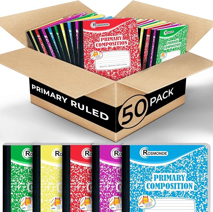 Rosmonde 50 Pack Bulk Composition Notebook, K-2 Primary Ruled, 200 Pages (100 Sheets), 9-3/4 x 7-1/2, Primary Composition Notebook Bulk With Header For Drawing, Grades K-2, Bulk School Supplies