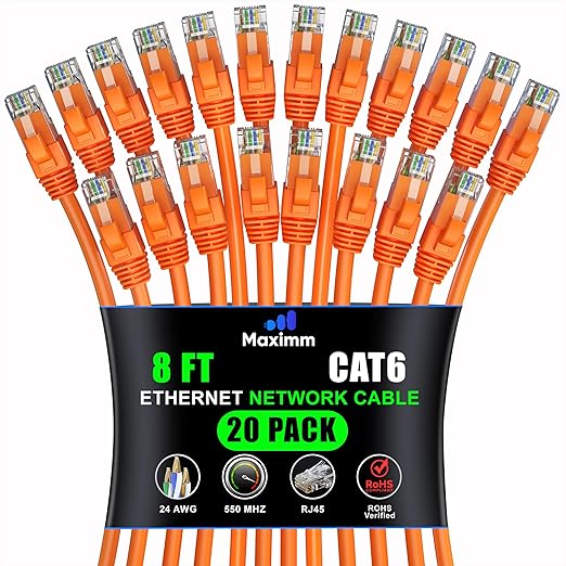 Maximm Cat 6 Ethernet Cable 8 ft (20-Pack) - High-Speed LAN Cable, Internet Cable, Patch Cable, and Network Cable - UTP, 10Gbps, 550MHz Ethernet Cord - Orange