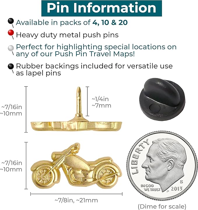 Motorcycle Push Pins - Gold Metal Motorcycle Pins - for Cork Board, Maps, or Lapel Pin Use - Designed in USA - Set of 20