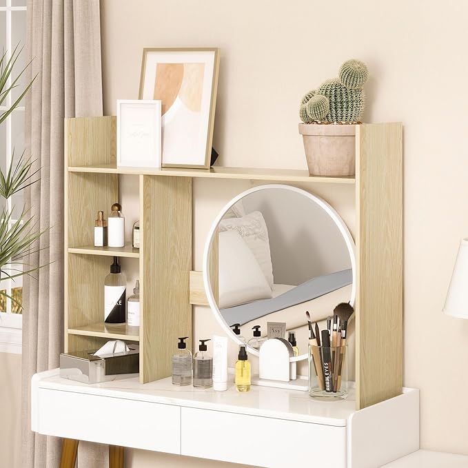 Desktop Bookshelf, 37.4’’ Wooden Desk Storage Hutch with 3 Shelves,4 Tier Multipurpose Display Shelf with Storage, Wooden Desk Shelf Organizer for Computer Desk, College Dorm, Office, Home