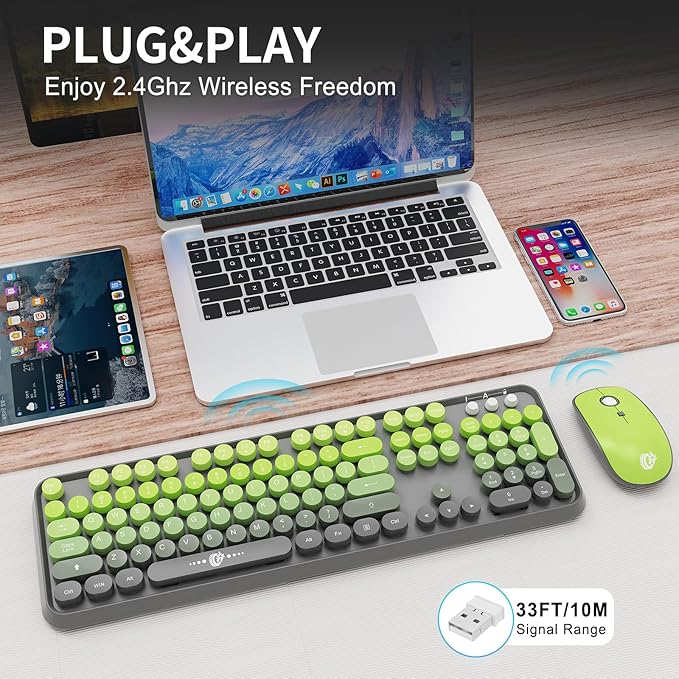 FOPETT Wireless Keyboard and Mouse Combo, 104 Keys Full-Sized 2.4 GHz Round Keycap Colorful Keyboards, USB Receiver Plug and Play, for Windows, Mac, PC, Laptop, Desktop (GradientMatchaGreen)