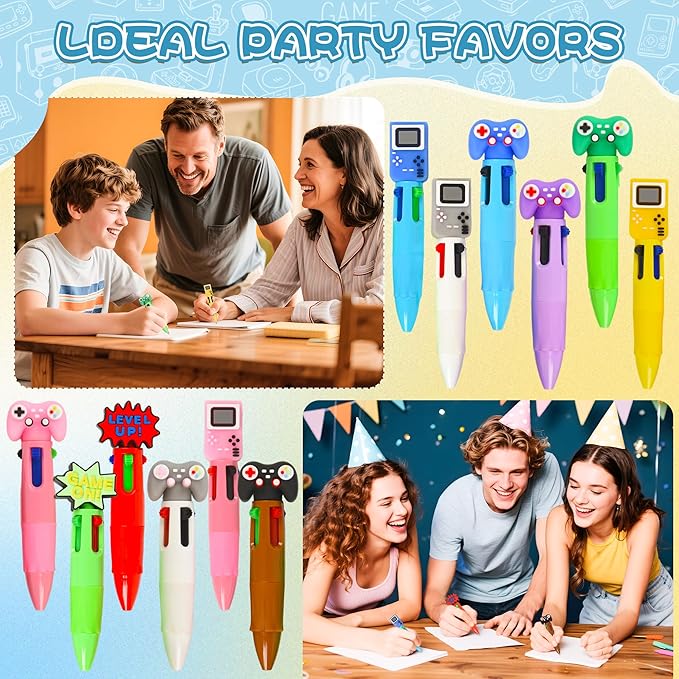 LiYiQ 25 Pcs Video Game Colorful Multicolor Pen in One Cartoon Cute Fun 4-in-1 Cute Pens Bulk Kawaii Game Handle Level Up Games Console Shape Cool Ballpoint Pens for Kids Fun Gifts