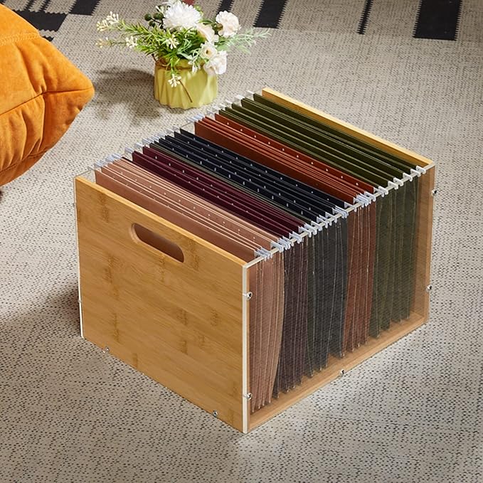 2 Pack Hanging File Organizer, Clear Acrylic File Box Organizer, Bamboo Filing Box File Crate Storage Boxes, Portable Filing Organizer with Handle for Letter Size
