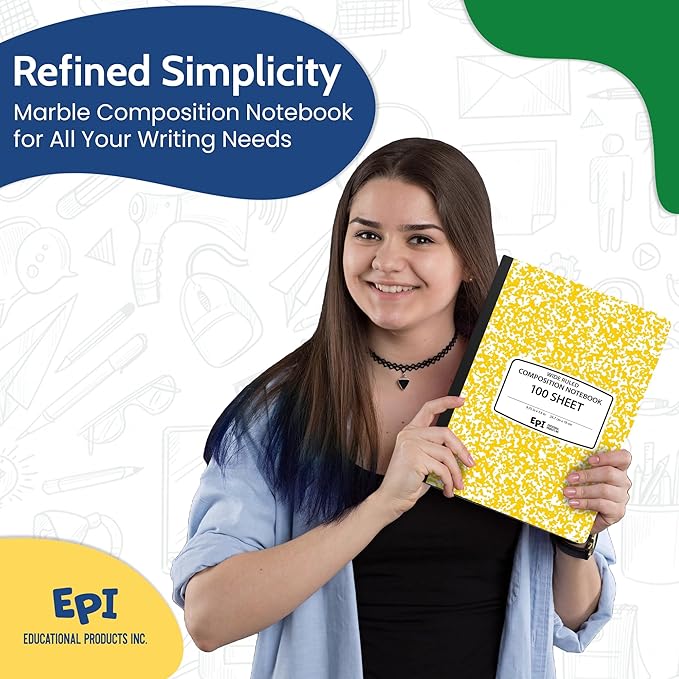EPI 4 Pack - Yellow Marble Composition Notebook - Wide Ruled 200 Page Note Book - 9.75 x 7.5 Inch Hardcover Journal with Sewn Binding for Secure Pages - Classroom Back To School Supplies