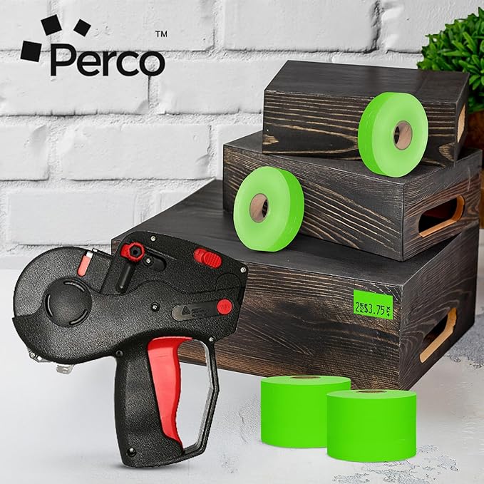Perco Fluorescent Green Pricing Labels for Monarch 1131 Price Gun - 1 Sleeve, 8 Rolls, 20,000 Price Marking Labels - with Ink Roll Included