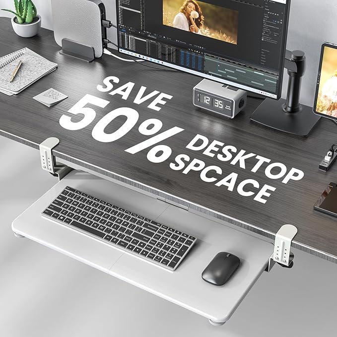 Keyboard Tray Under Desk, Pull Out Keyboard & Mouse Tray with Adjustable C-clamp, 25.6(31.5 Including Clamps) x 11.8 Inch Slide Out Computer Keyboard Drawer Mouse Tray for Typing,White