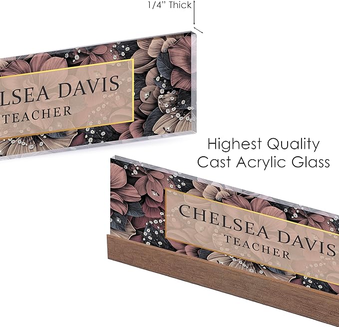 ARTBLOX | Office Personalized Name Plate Women Flower Design On Clear Acrylic Glass for Desk with Business Card Holder