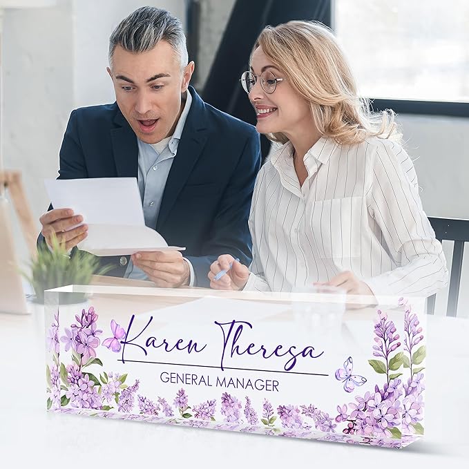 Custom Office Name Plate for Desk, Desk Name Plate Personalized, Personalized Gifts for Women, Appreciation Gifts for Employee Coworkers Boss Teacher, Office Accessories (Purple lilac flower)
