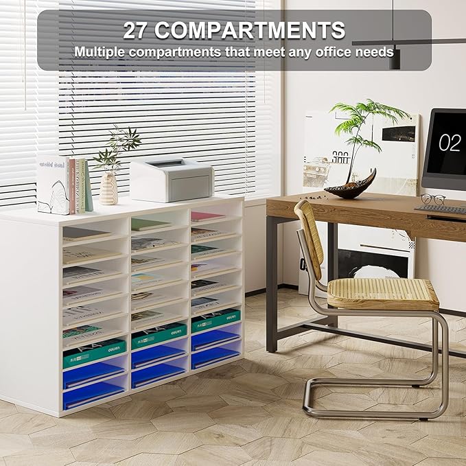 PAG Mail Sorter Organizer, Wood Literature Organizer, Student Mailbox for Classroom, Desktop Bill Paper Organizer for Office Home School, 27 Compartments, White