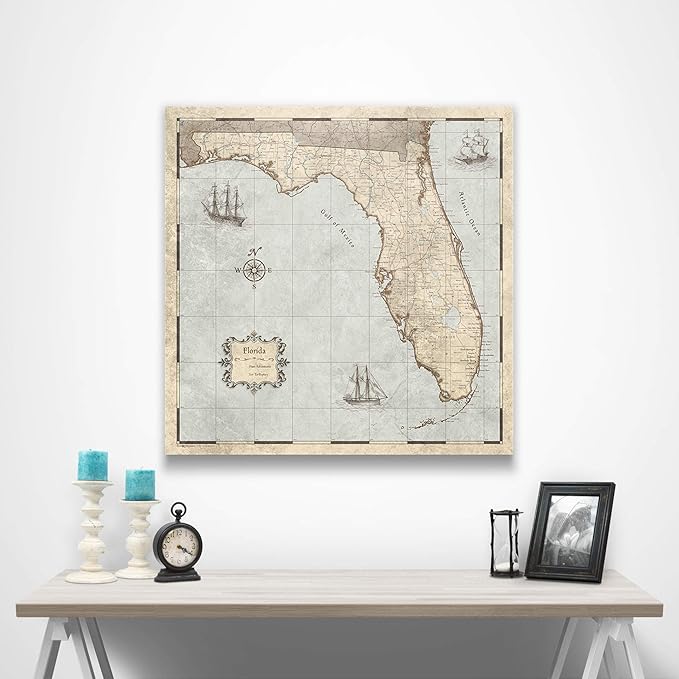 Push Pin Florida Map Board - With Push Pins to Mark Florida Travel - Handmade in Ohio, USA - Design: Rustic Vintage